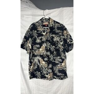 Caribbean Joe Men's L Hawaiian Shirt Black Linen Blend Tropical SS Sz L